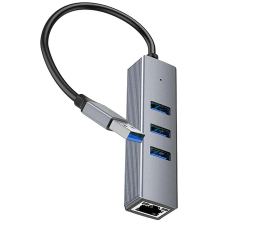 Переходник HUB Hoco HB34 Easy link USB Gigabit Ethernet adapter (USB to USB3.0*3+RJ45) Metal gray