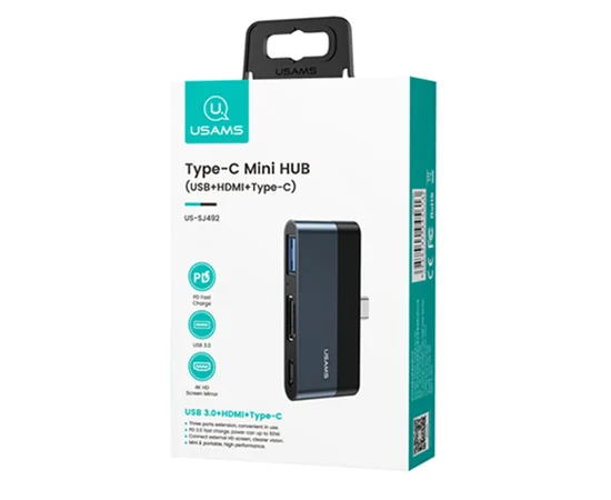 Переходник HUB Usams US-SJ492 Type-C Mini Hub (USB + HDMI + Type-C) Темно-серый