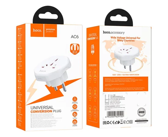 Сетевой универсальный переходник Hoco AC6 3in1 (EU) White