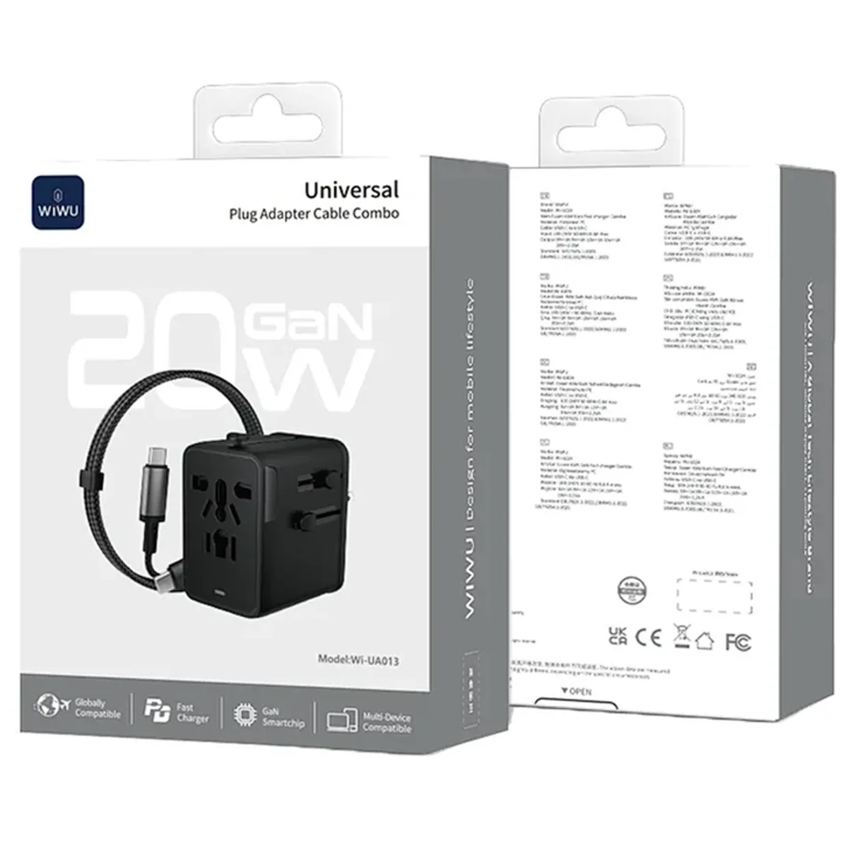 Сетевой универсальный переходник WIWU UA013 20W GaN + 1USB-A/2C with retractable cable Type-C Black