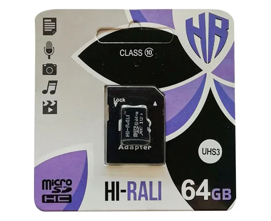 Карта памяти Hi-Rali microSDHC 64 GB Card Class 10 + SD adapter Черный