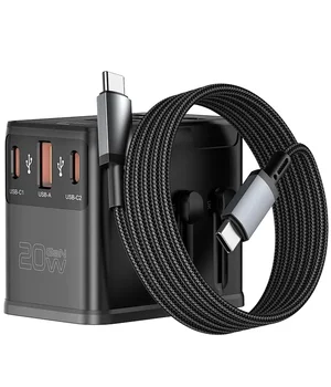 Сетевой универсальный переходник WIWU UA013 20W GaN + 1USB-A/2C with retractable cable Type-C Black