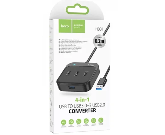 Переходник HUB Hoco HB31 Easy 4-in-1 (USB to USB3.0*4) (L=0.2m) Black