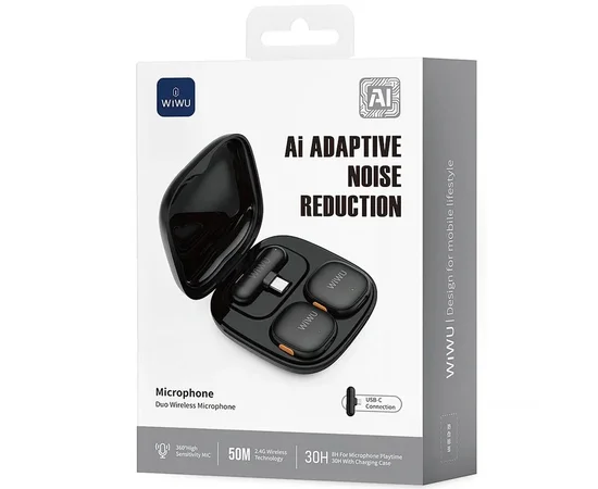 Петличный беспроводной микрофон WiWU Wi-WM006 AI Adaptive Noise Reduction Type-C Black