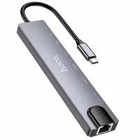 Переходник HUB Hoco DUP09 (Type-C to HDMI+USB 3.0+USB 2.0+2xType-C+SD/TF) Silver