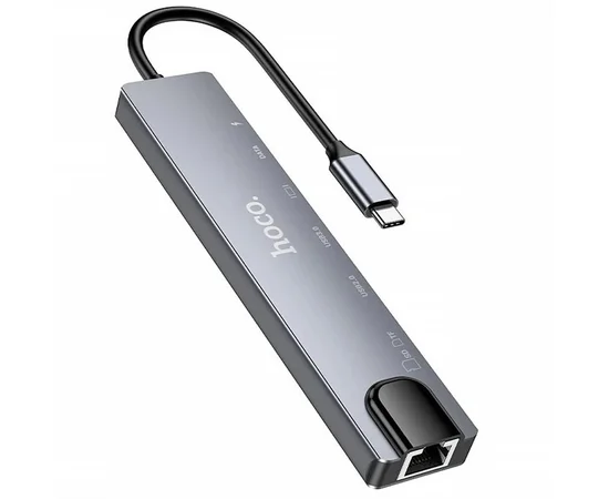 Переходник HUB Hoco DUP09 (Type-C to HDMI+USB 3.0+USB 2.0+2xType-C+SD/TF) Silver