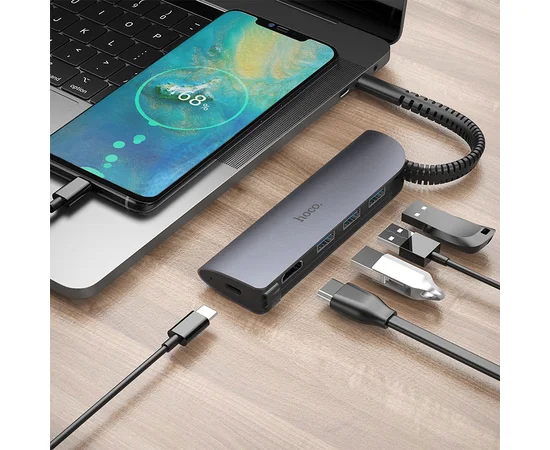 Переходник HUB Hoco HB13 Type-C Серый