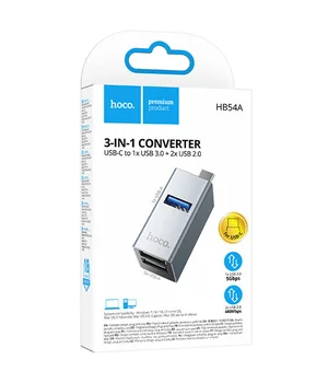 Переходник HUB Hoco HB54A 3in1 (Type-C to 2xUSB2.0+USB3.0) Metal grey