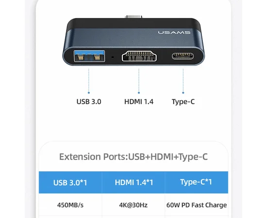 Переходник HUB Usams US-SJ492 Type-C Mini Hub (USB + HDMI + Type-C) Темно-серый