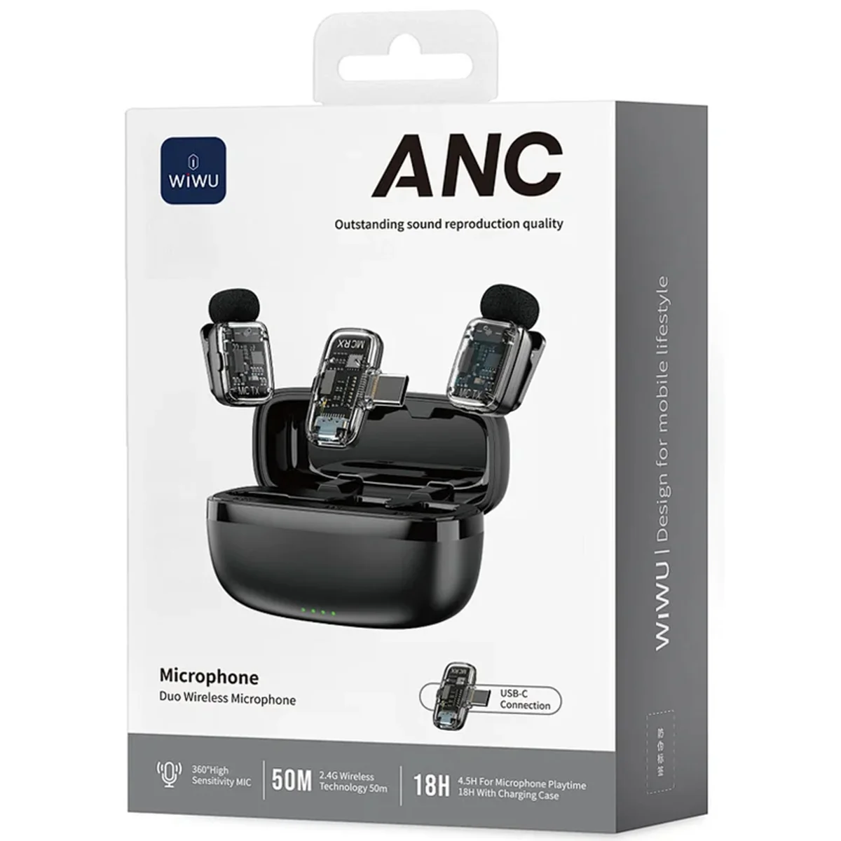 Петличный беспроводной микрофон WIWU WM008 Dual-mic ANC Type-C Black