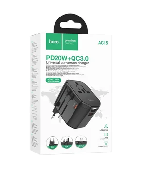 Сетевой универсальный переходник Hoco AC15 Walker PD20W+QC3.0 (2USB-A/1C) (EU) Black