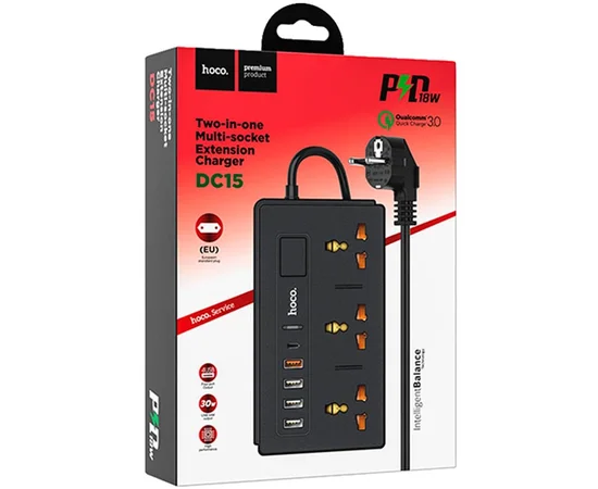 Удлинитель Hoco DC15 (4USB/1Type-C/3xSocket) Черный
