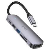Переходник Hoco HB28 Multi-function 6in1 (Type-C to HDTV+USB3.0+USB2.0+SD+TF+PD) Metal gray