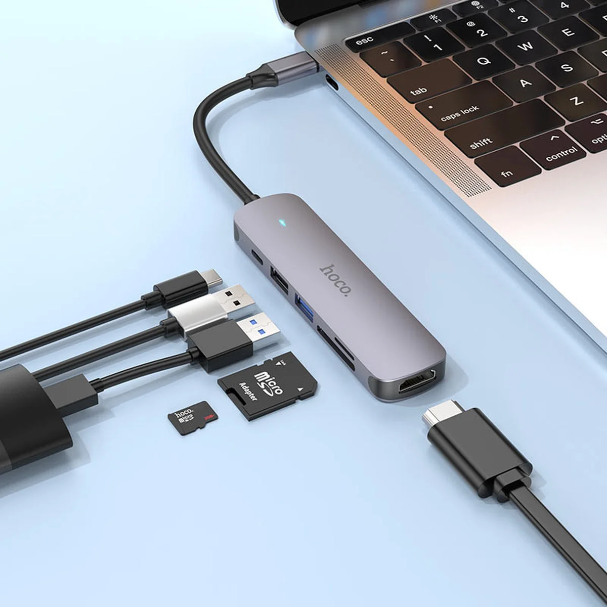 Переходник Hoco HB28 Multi-function 6in1 (Type-C to HDTV+USB3.0+USB2.0+SD+TF+PD) Metal gray