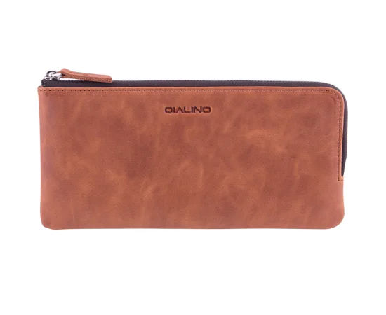 Стильный кожаный клатч Qialino со змейкой 2 отделения (5,5") Светло-коричневый