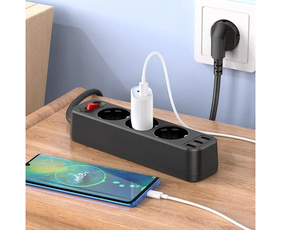 Удлинитель Hoco NS2 (3USB/3xSocket) Черный