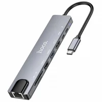 Переходник HUB Hoco DUP09 (Type-C to HDMI+USB 3.0+USB 2.0+2xType-C+SD/TF) Silver