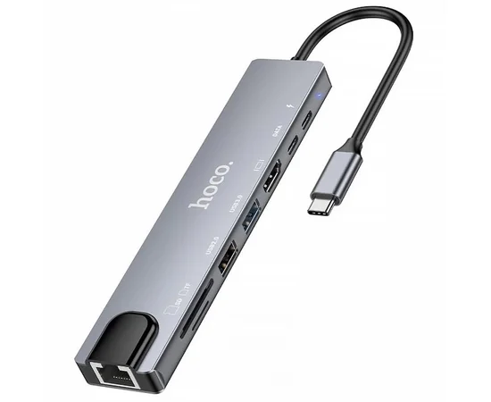 Переходник HUB Hoco DUP09 (Type-C to HDMI+USB 3.0+USB 2.0+2xType-C+SD/TF) Silver