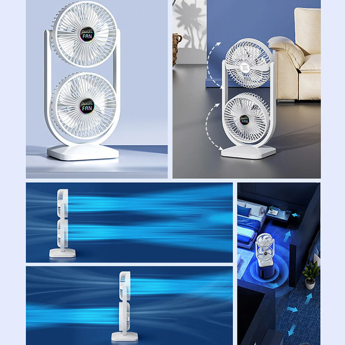 Настольный вентилятор Double head с регулировкой угла наклона 3000 mAh White