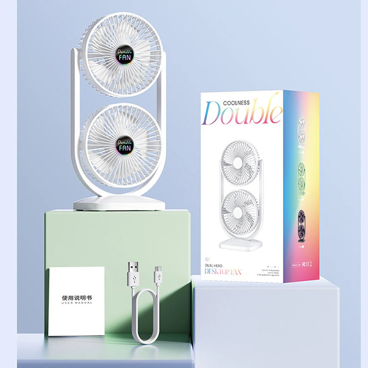 Настольный вентилятор Double head с регулировкой угла наклона 3000 mAh White