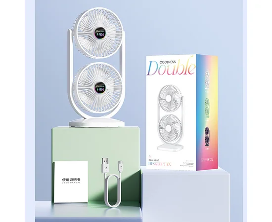 Настольный вентилятор Double head с регулировкой угла наклона 3000 mAh White