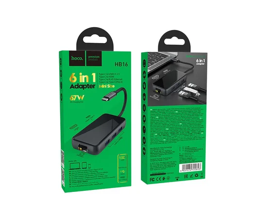 Переходник HUB Hoco HB16 Type-C to USB3.0*3+HDMI+PD+RJ45 Серый
