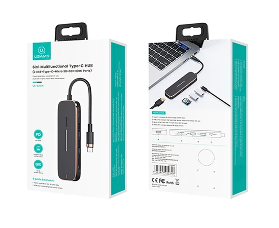 Переходник HUB Usams US-SJ575 6in1 Multifunctional (Type-C to 2USB+Type-C+Micro SD+SD+HDMI ports) Black