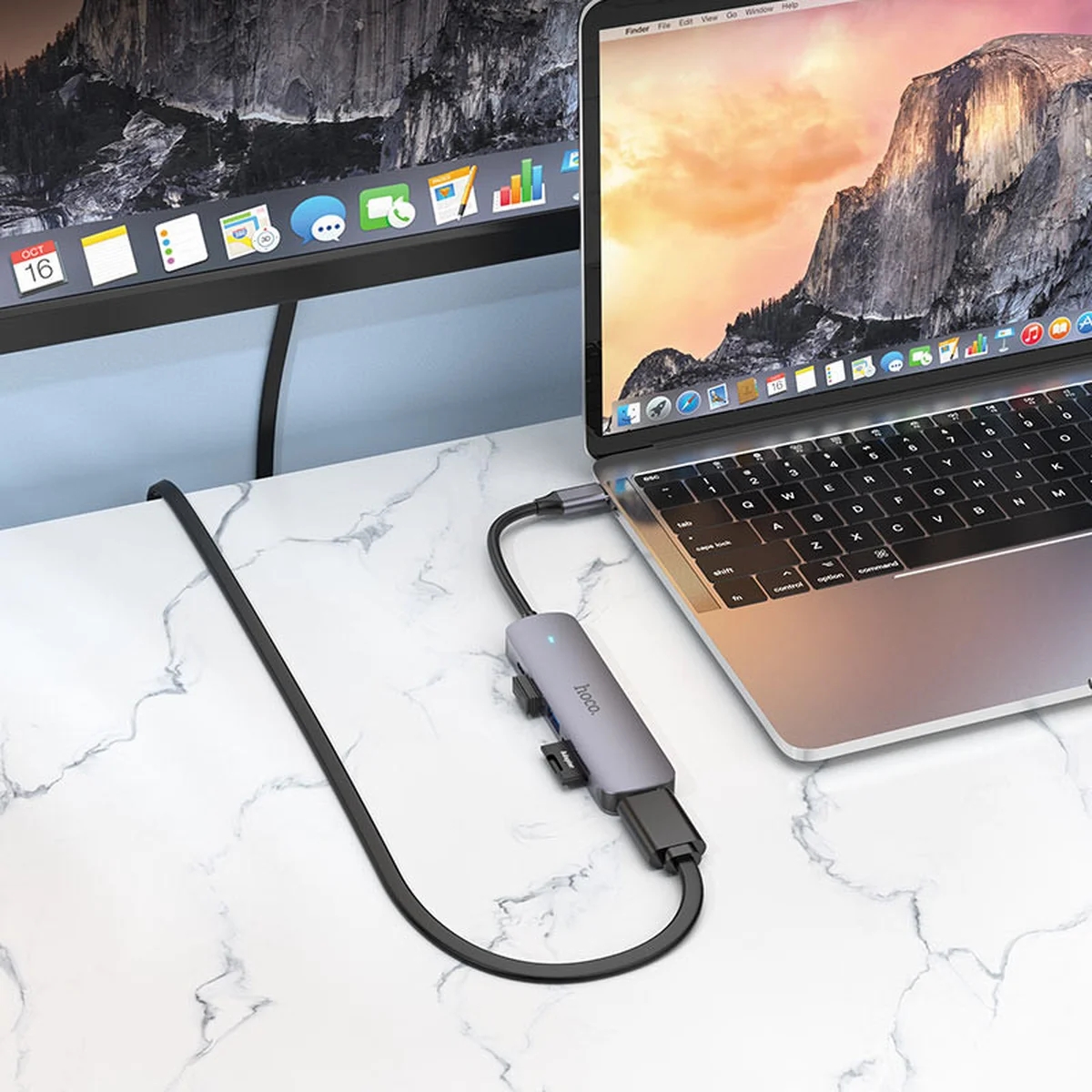 Переходник Hoco HB28 Multi-function 6in1 (Type-C to HDTV+USB3.0+USB2.0+SD+TF+PD) Metal gray