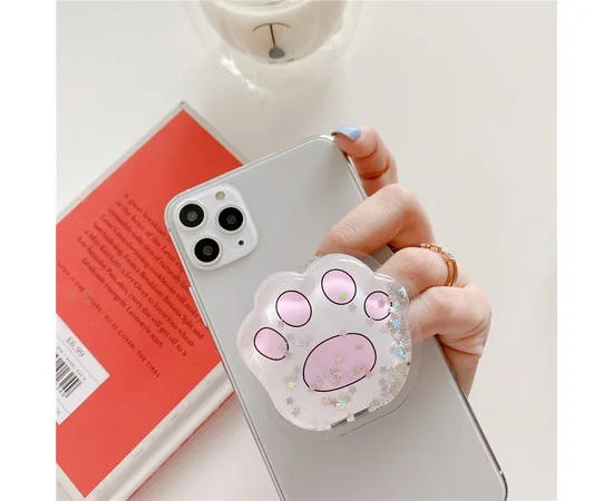 Держатель для телефона круглый (liquid shine) Лапа белая / розовая