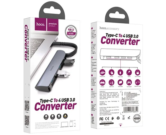 Переходник HUB Hoco HB12 Type-C Серый