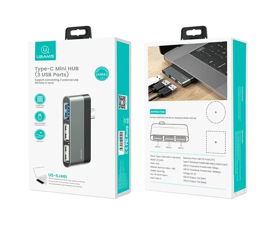 Переходник HUB Usams US-SJ461 Type-C to 3 USB port Серый