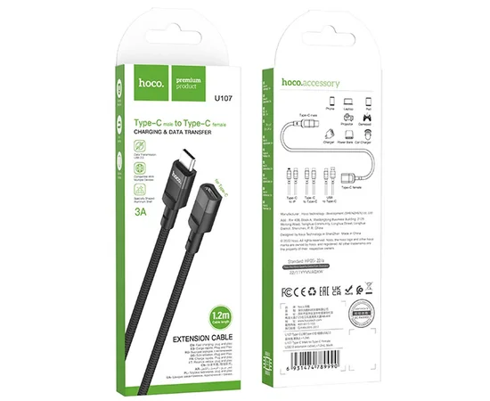 Переходник Hoco U107 Type-C male to Type-C female USB2.0 (1.2m) Black