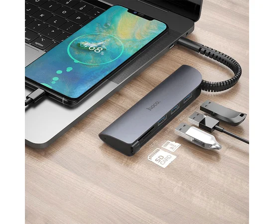 Переходник HUB Hoco HB17 Type-C to USB3.0*3+SD+TF Серый