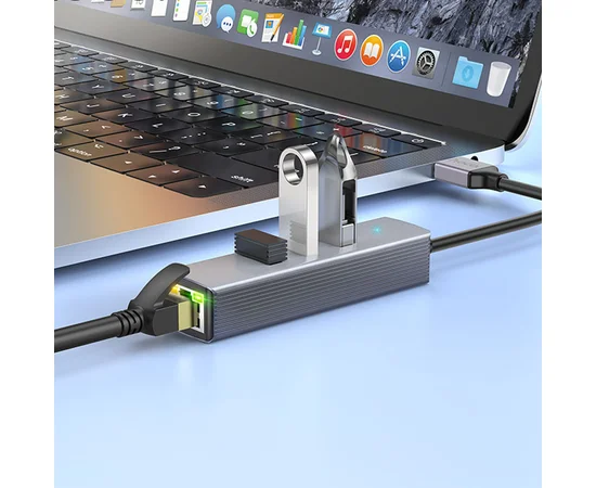 Переходник HUB Hoco HB34 Easy link USB Gigabit Ethernet adapter (USB to USB3.0*3+RJ45) Metal gray