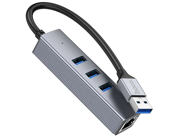 Переходник HUB Hoco HB34 Easy link USB Gigabit Ethernet adapter (USB to USB3.0*3+RJ45) Metal gray