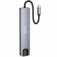 Переходник HUB Hoco DUP09 (Type-C to HDMI+USB 3.0+USB 2.0+2xType-C+SD/TF) Silver