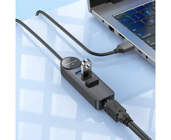 Переходник Borofone DH6 Erudite 4in1 Gigabit Ethernet (USB to USB3.0*3+RJ45) (0.2m) Black