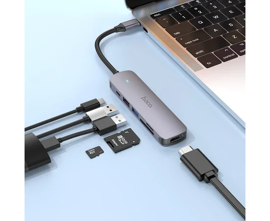 Переходник Hoco HB28 Multi-function 6in1 (Type-C to HDTV+USB3.0+USB2.0+SD+TF+PD) Metal gray