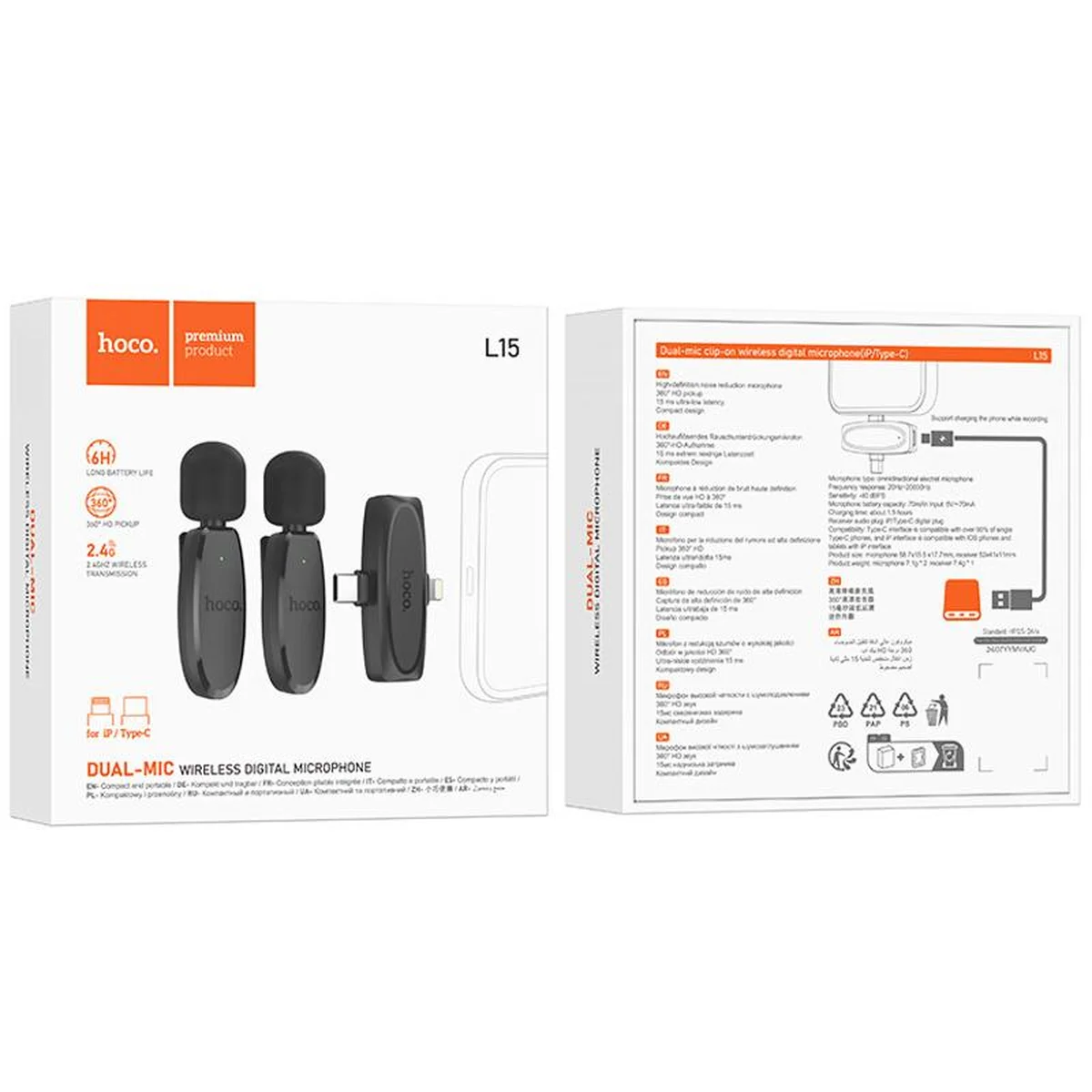 Петличный беспроводной микрофон Hoco L15 Dual-mic clip-on wireless digital (Lightning/Type-C) Black