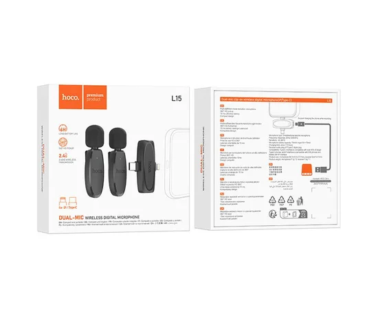 Петличный беспроводной микрофон Hoco L15 Dual-mic clip-on wireless digital (Lightning/Type-C) Black