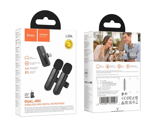 Петличный беспроводной микрофон Hoco L20A Mini Voice (Lightning/Type-C) 60 mAh Black
