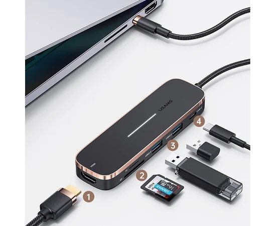 Переходник HUB Usams US-SJ575 6in1 Multifunctional (Type-C to 2USB+Type-C+Micro SD+SD+HDMI ports) Black