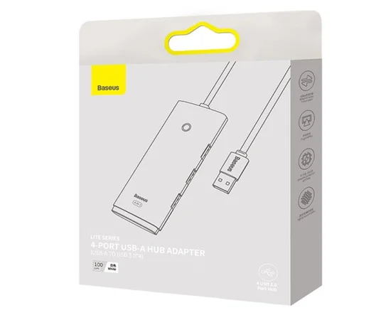 Переходник HUB Baseus Lite Series 4-Port USB-A HUB Adapter (USB-A to USB 3.0*4) 25cm (WKQX) Белый