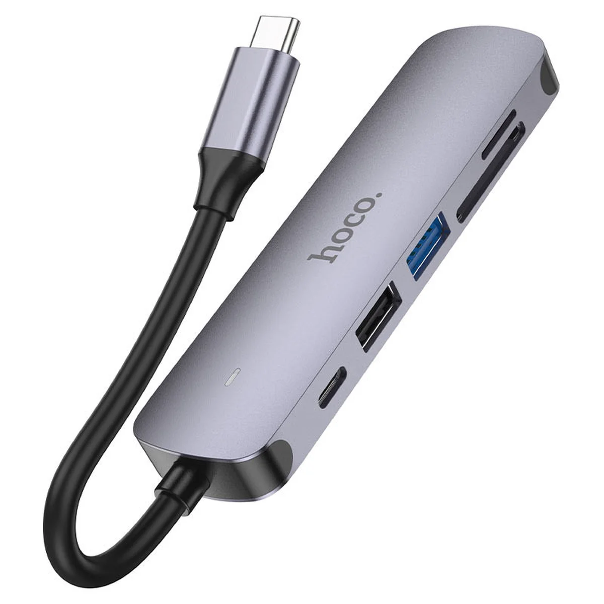 Переходник Hoco HB28 Multi-function 6in1 (Type-C to HDTV+USB3.0+USB2.0+SD+TF+PD) Metal gray