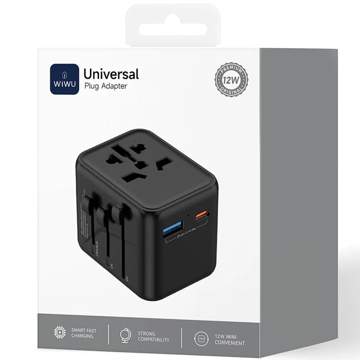 Сетевой универсальный переходник WIWU UA012 Warrior 12W + 1USB-A/1C Black