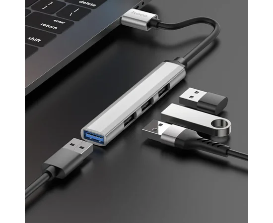 Переходник Hoco HB26 4in1 (USB to USB3.0+USB2.0*3) Silver