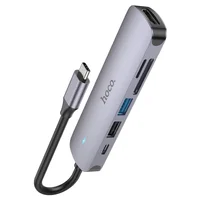 Переходник Hoco HB28 Multi-function 6in1 (Type-C to HDTV+USB3.0+USB2.0+SD+TF+PD) Metal gray