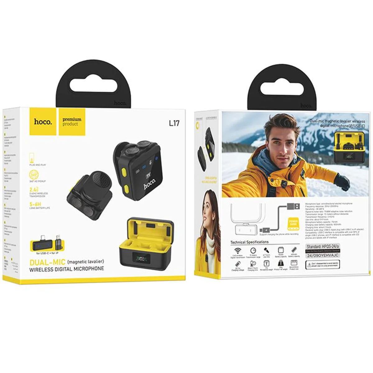 Петличный беспроводной микрофон Hoco L17 Dual-mic magnetic (Lightning/Type-C) Black