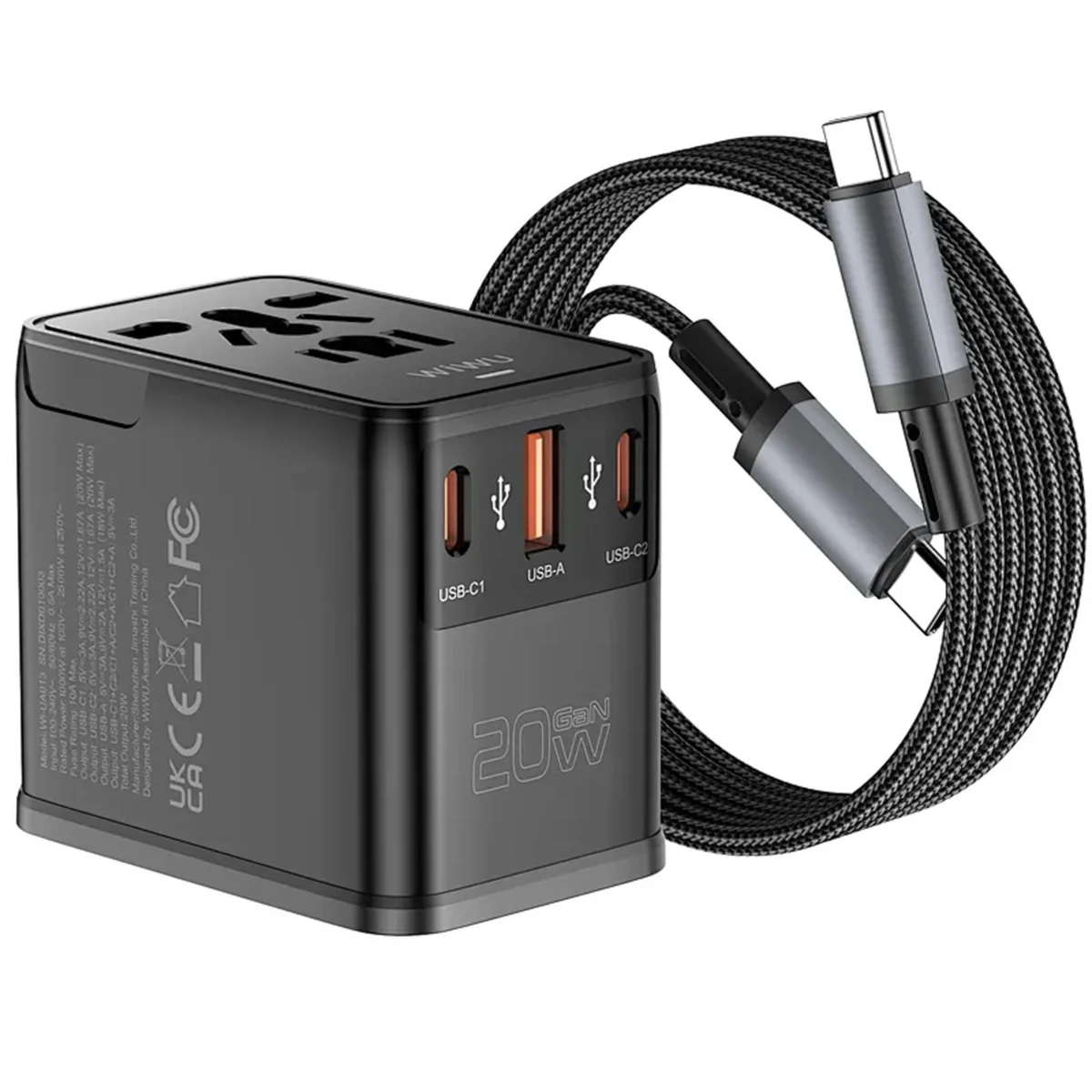 Сетевой универсальный переходник WIWU UA013 20W GaN + 1USB-A/2C with retractable cable Type-C Black