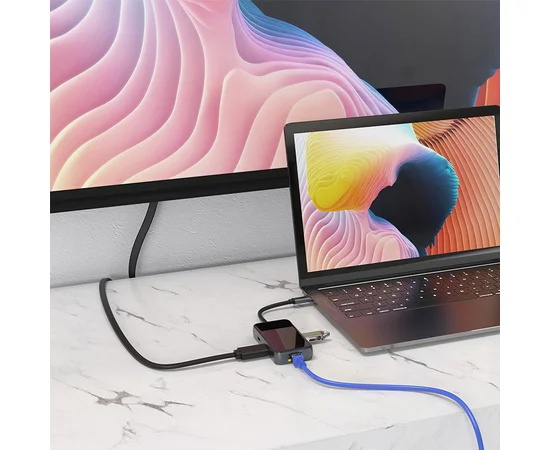 Переходник HUB Hoco HB16 Type-C to USB3.0*3+HDMI+PD+RJ45 Серый
